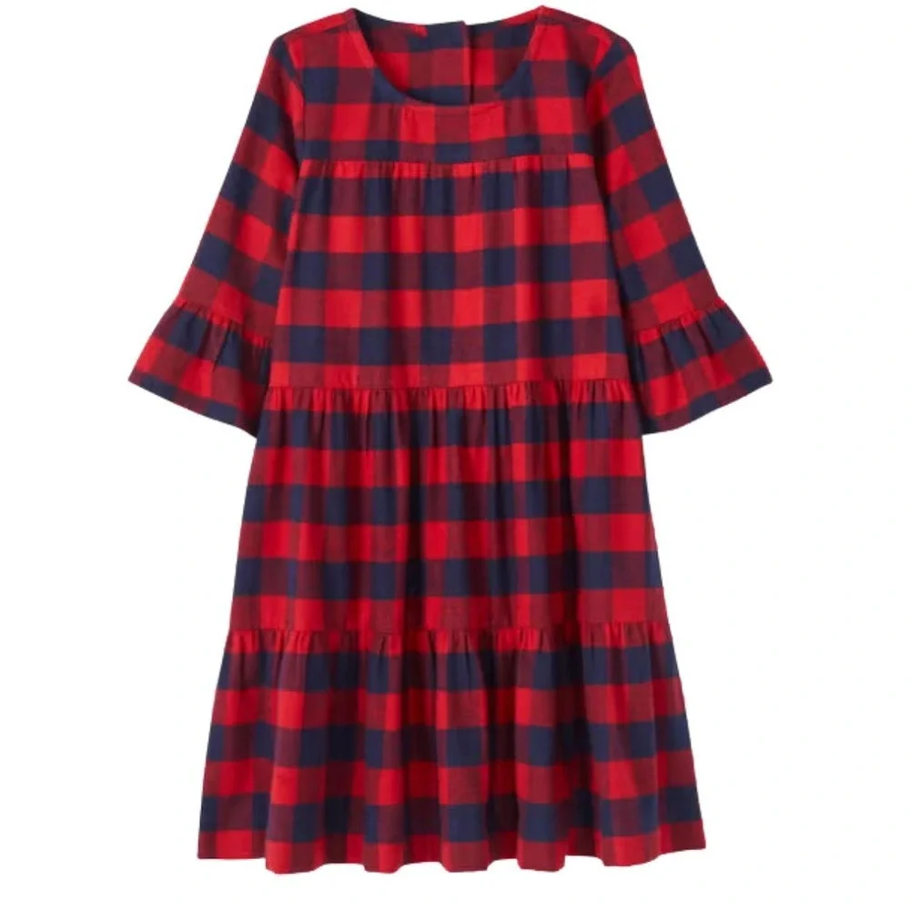Hanna Andersson 100% Cotton Buffalo Plaid Flannel Dress Red Navy Blue Size 12